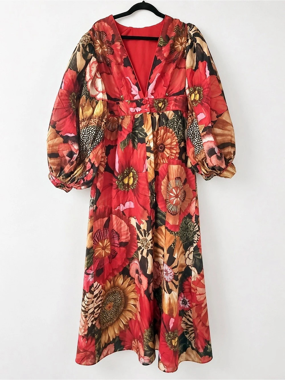 FARM Rio Red Berry Garden Long Sleeve Pleated Maxi Dress